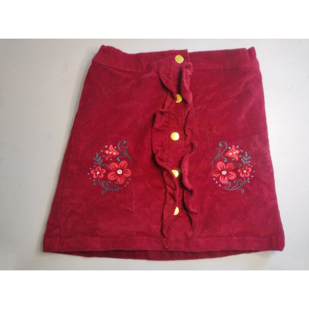 Sergent Major Kids‎ Corduroy Skirt Red Floral Embroidered Ruffle Gold Button
